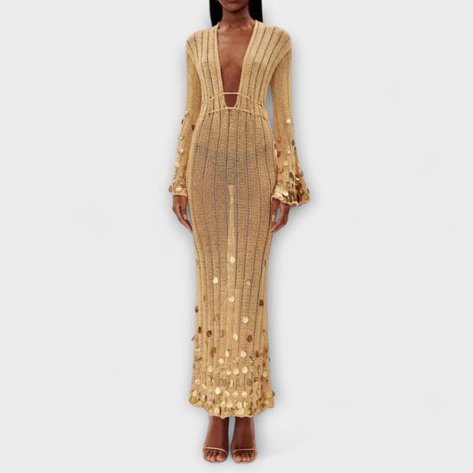 Kathleen - Gold Knitted Maxi Dress by Dolly