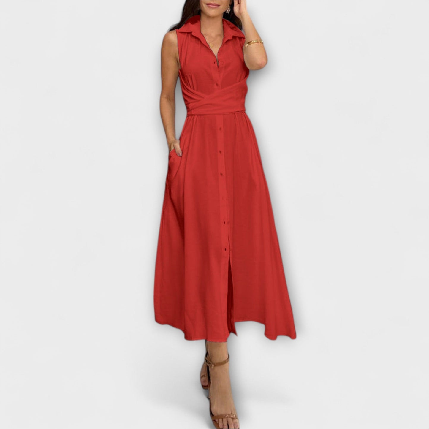 Mira - Eye-catching single-breasted midi dress with tie belt