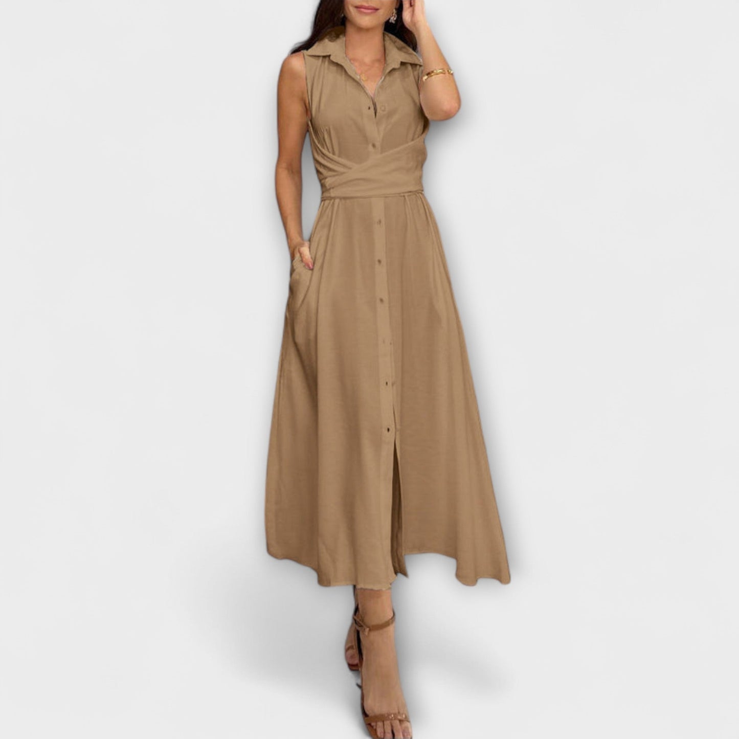 Mira - Eye-catching single-breasted midi dress with tie belt