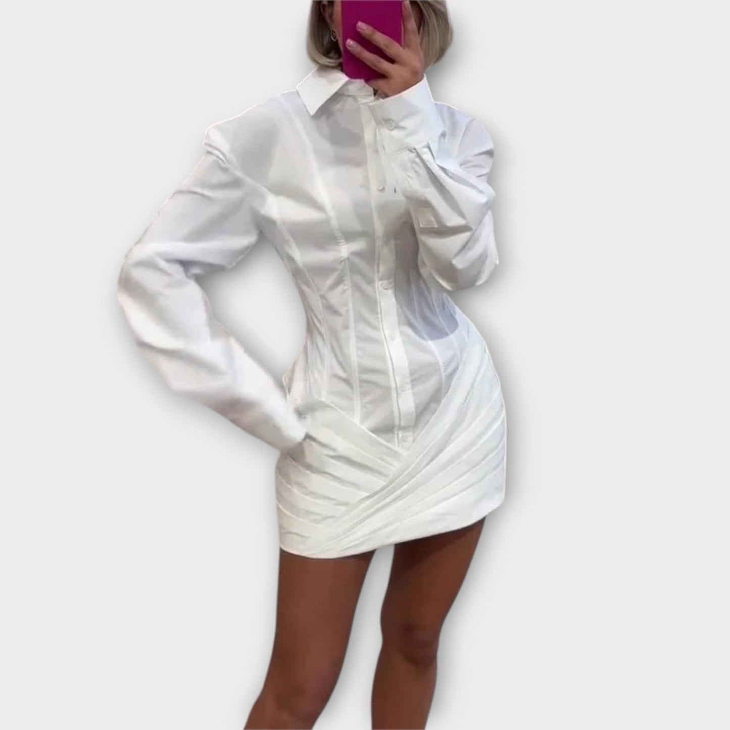 Indie - White Long-Sleeved Pleated Shirt Dress