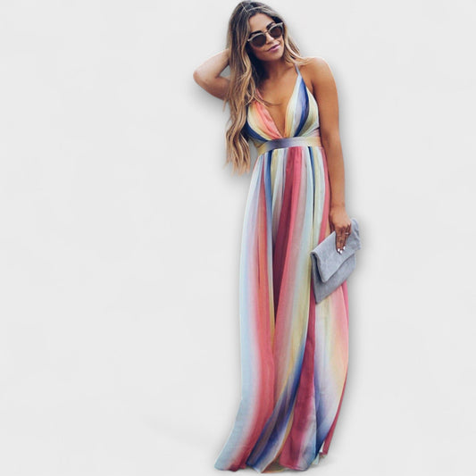 Multicolored Striped Women's Maxi Dress with V-Neck