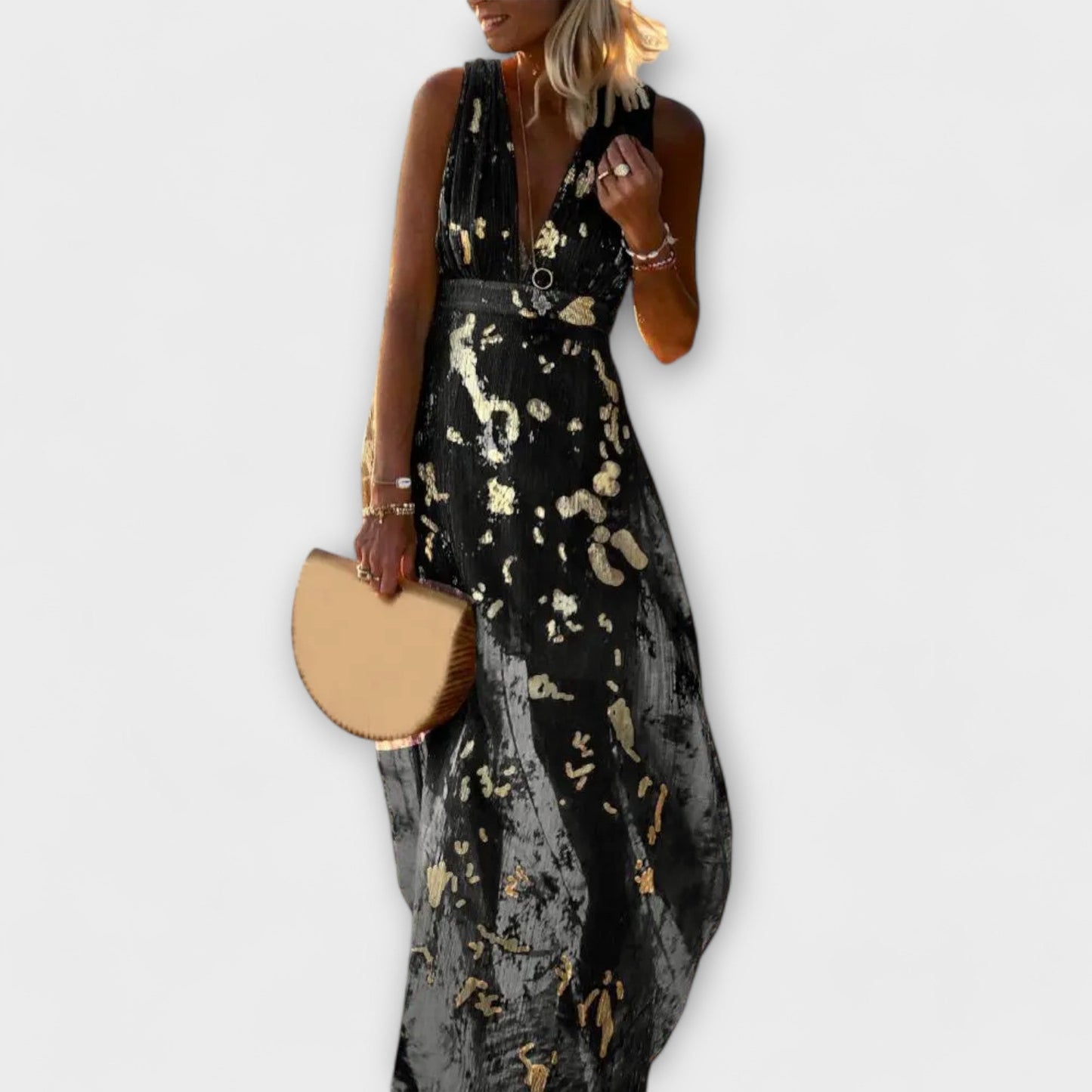 Flowing Dress with V-Neck and Sequin Details