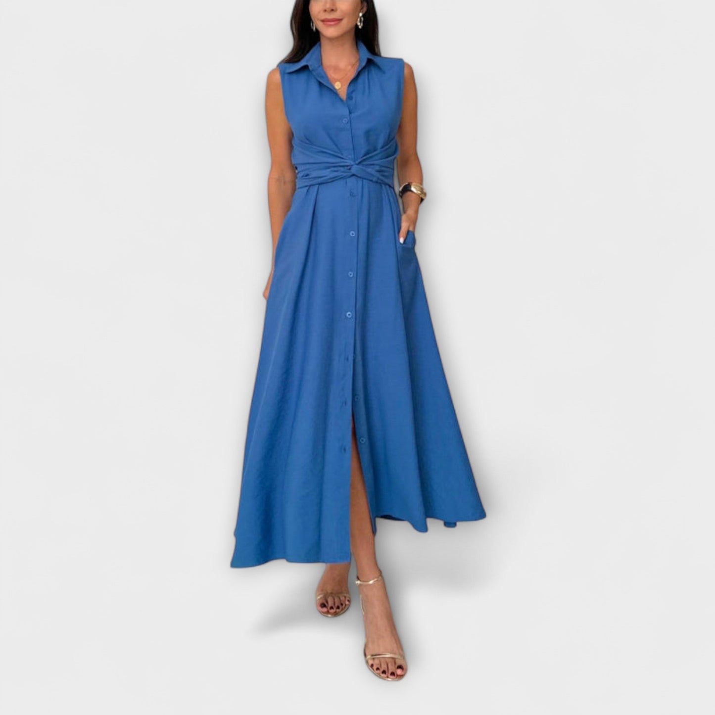 Mira - Eye-catching single-breasted midi dress with tie belt