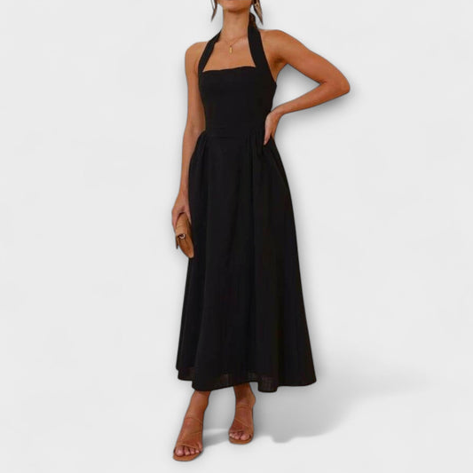 Lydia - Black Midi Dress with Collar and Waist Detail