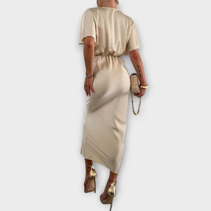 Sable - Elegant Satin V-Neck Cross Knot Slim Fit Maxi Dress