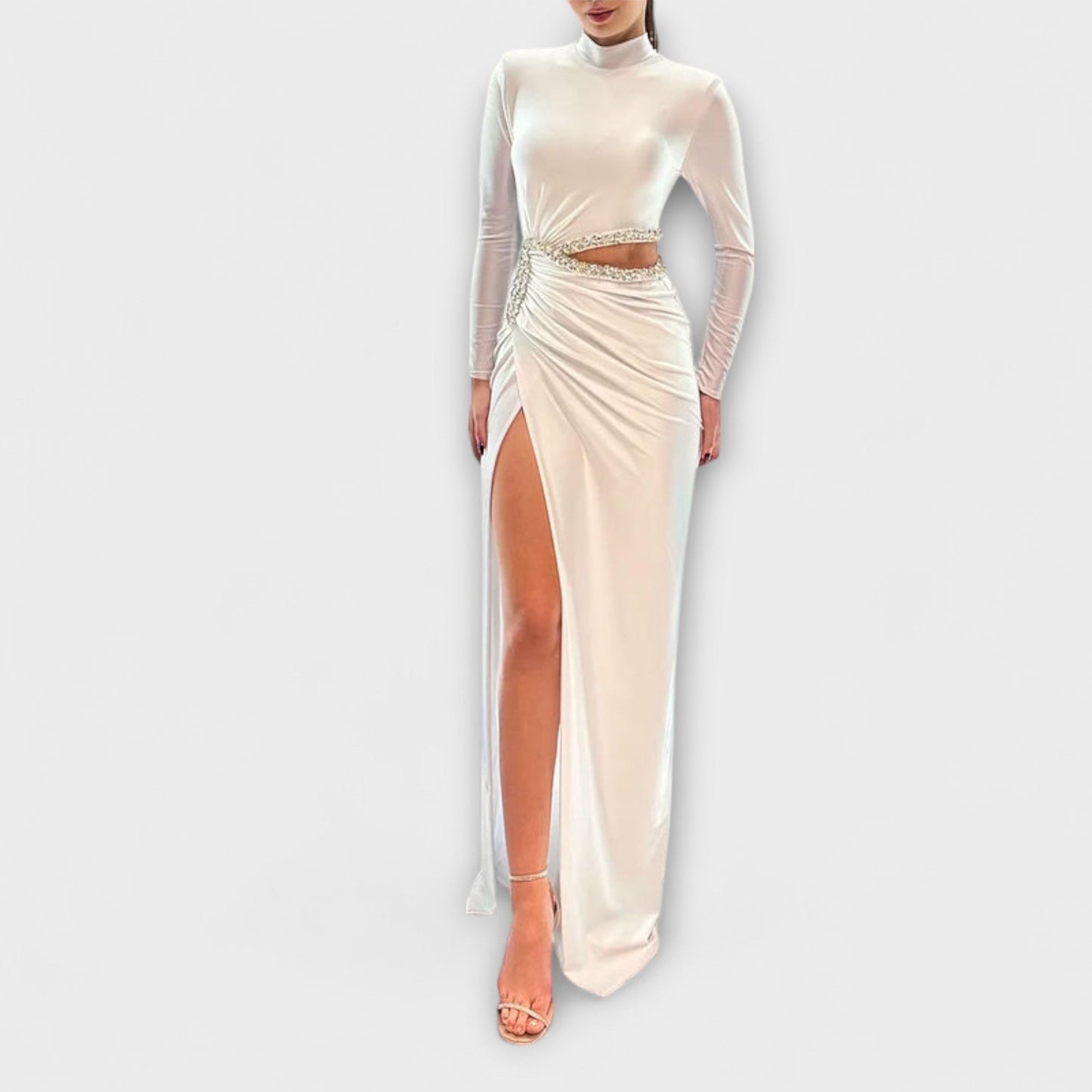 Selah - White Long Sleeve Dress with Waist Cutout and Rhinestone Accents