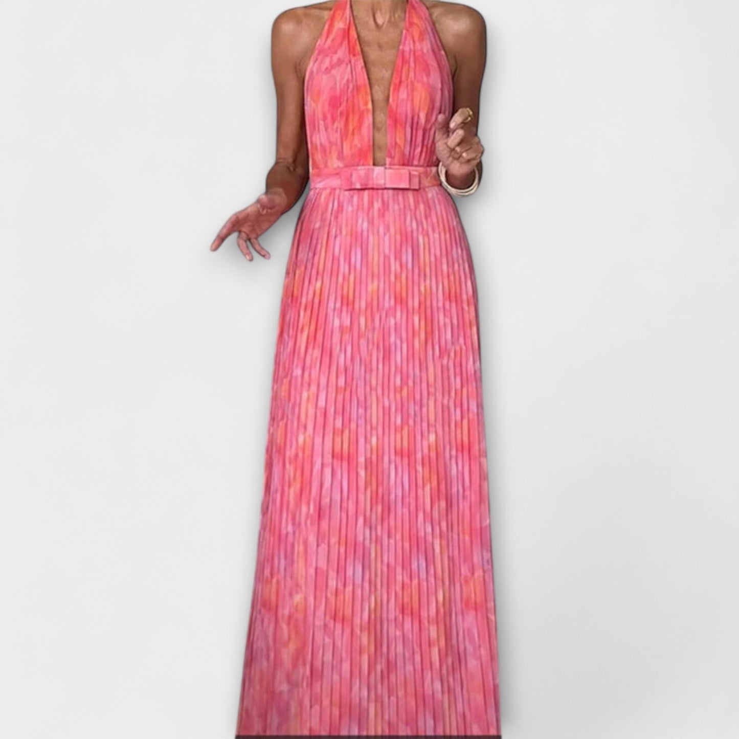 Seraphina - Stylish Halter Neck V-Neck Pleated Maxi Dress