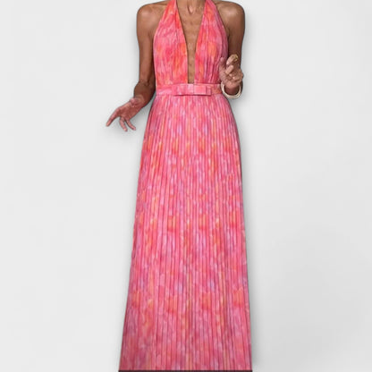 Seraphina - Stylish Halter Neck V-Neck Pleated Maxi Dress