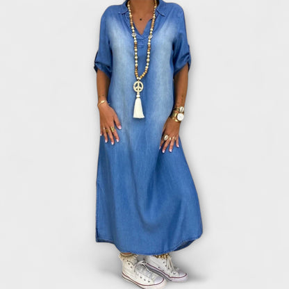 Lea - Long Denim-Look Dress with Side Slit