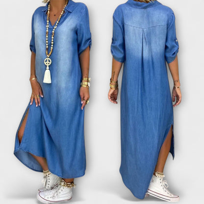 Lea - Long Denim-Look Dress with Side Slit