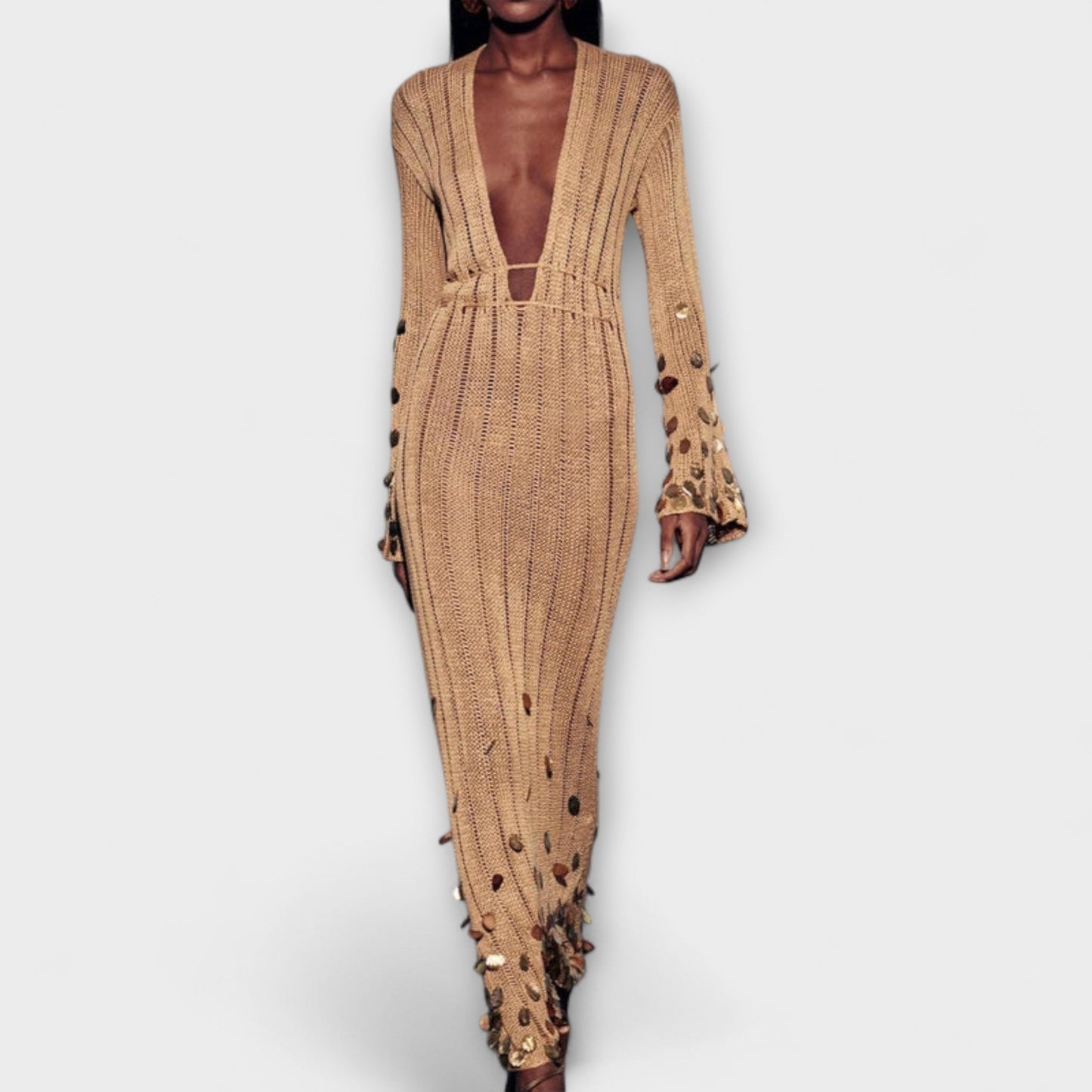 Kathleen - Gold Knitted Maxi Dress by Dolly