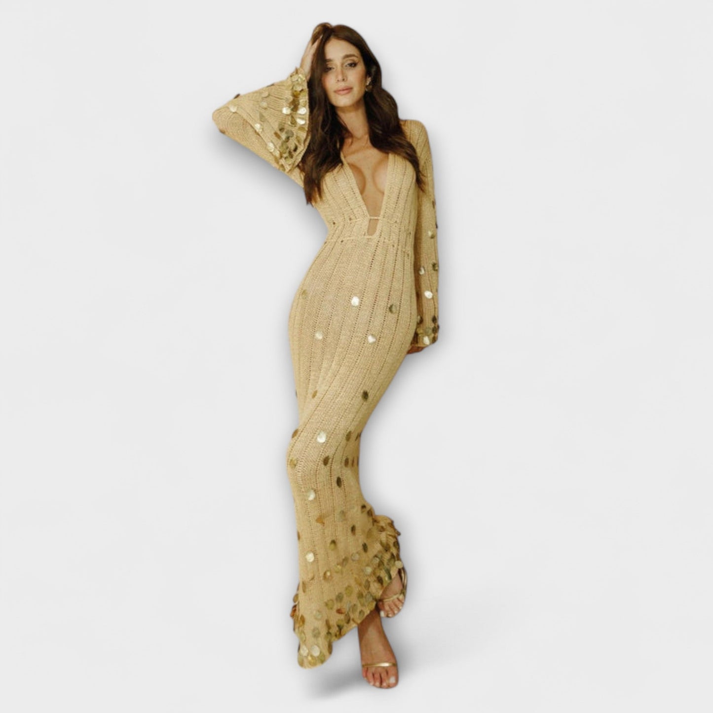 Kathleen - Gold Knitted Maxi Dress by Dolly
