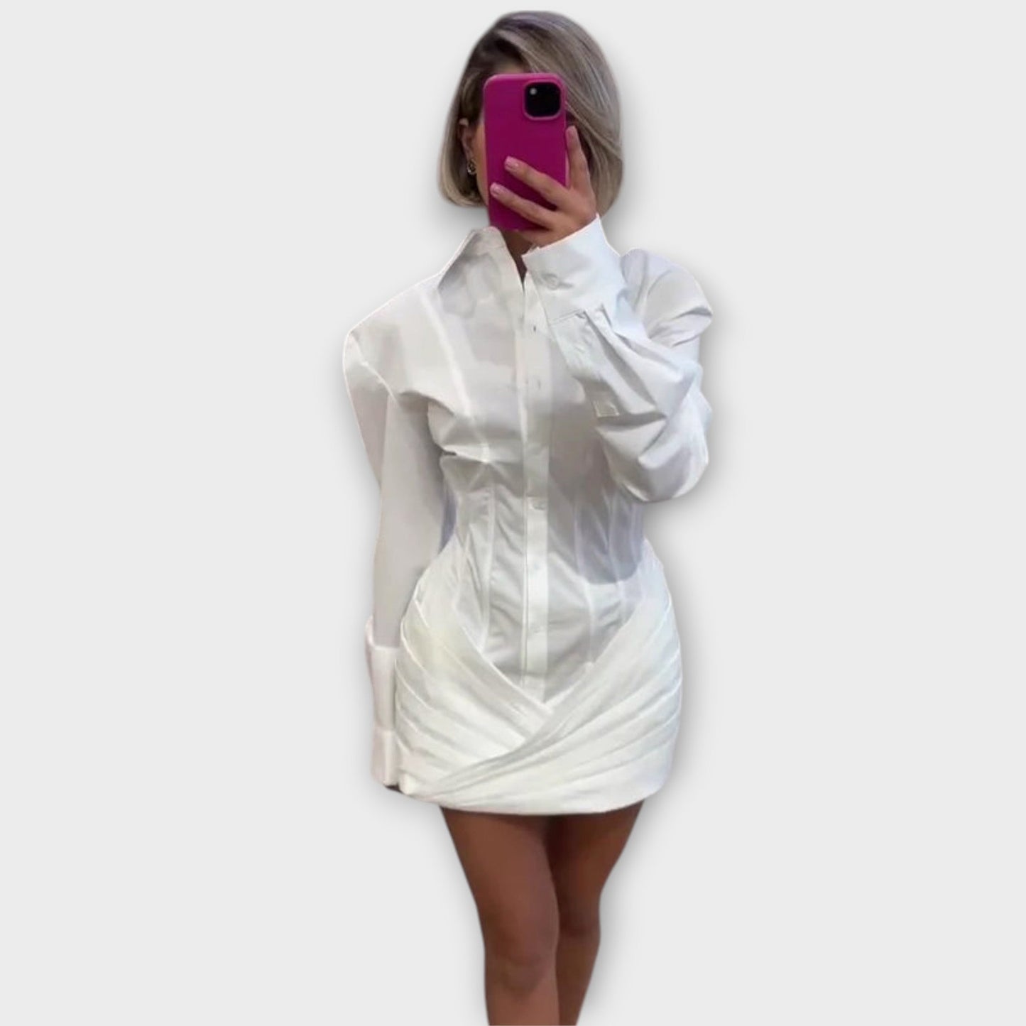 Indie - White Long-Sleeved Pleated Shirt Dress