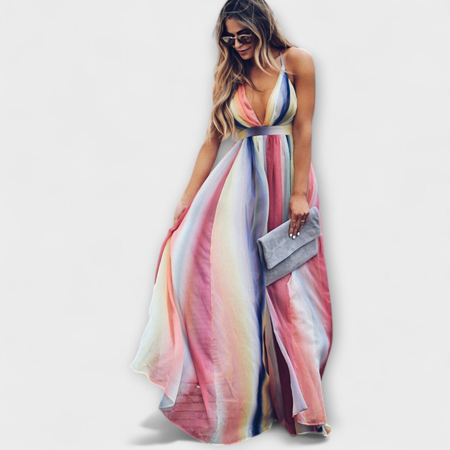 Multicolored Striped Women's Maxi Dress with V-Neck