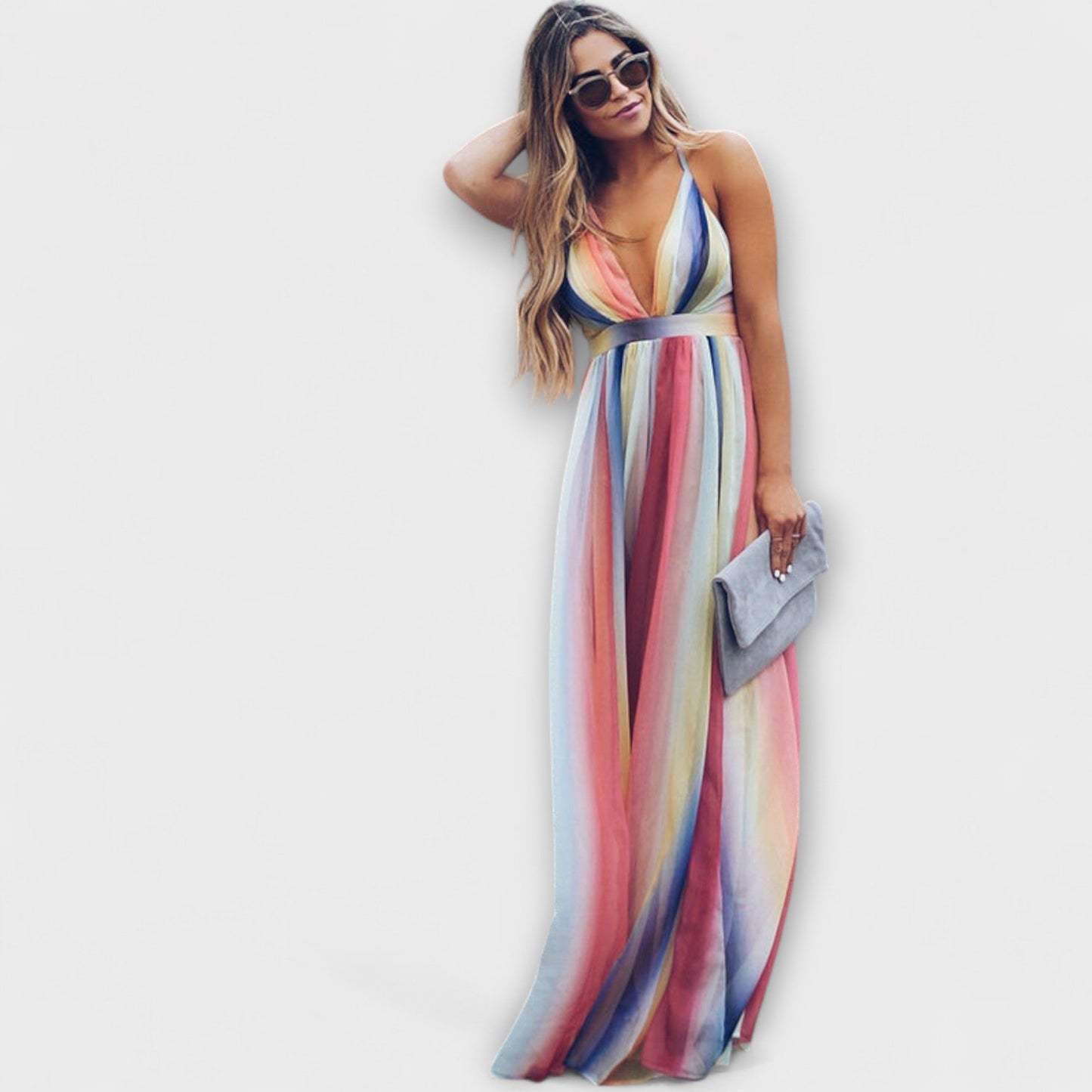 Multicolored Striped Women's Maxi Dress with V-Neck