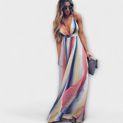 Multicolored Striped Women's Maxi Dress with V-Neck
