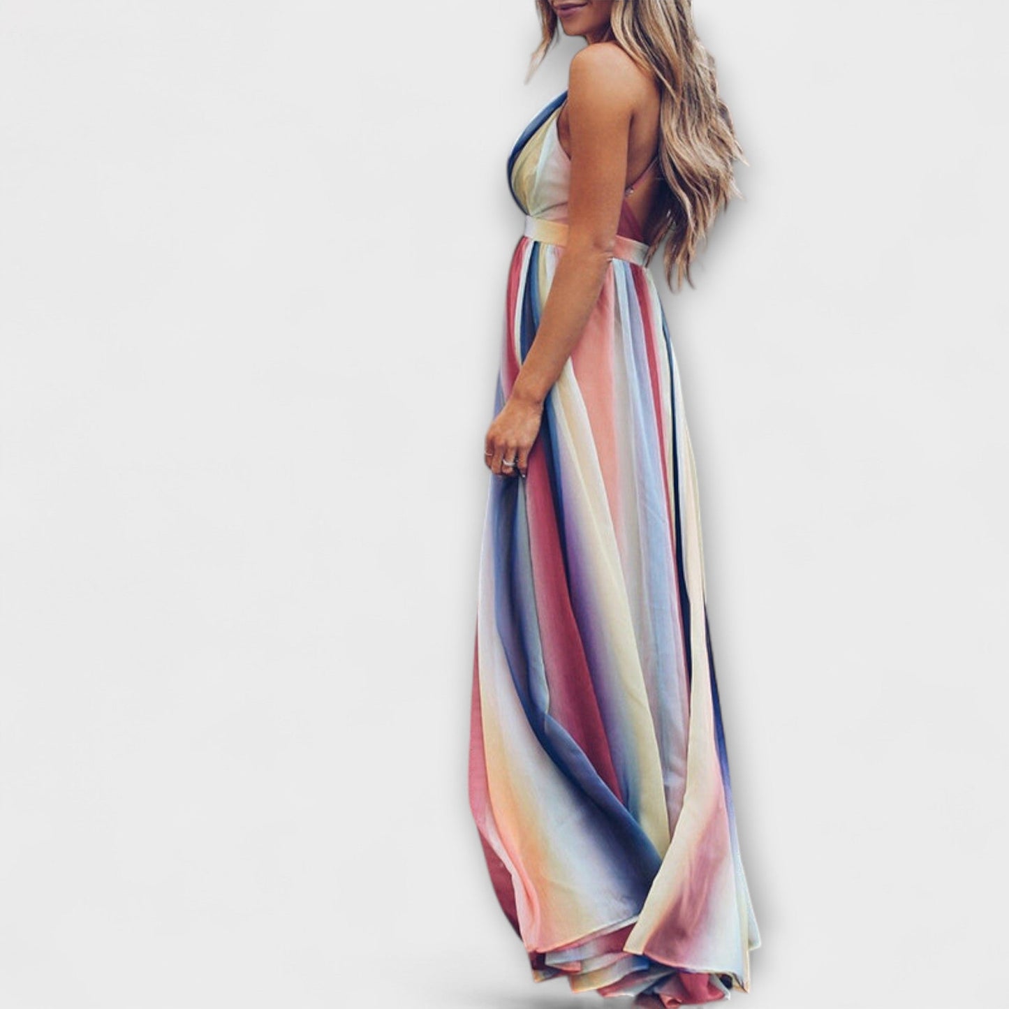 Multicolored Striped Women's Maxi Dress with V-Neck
