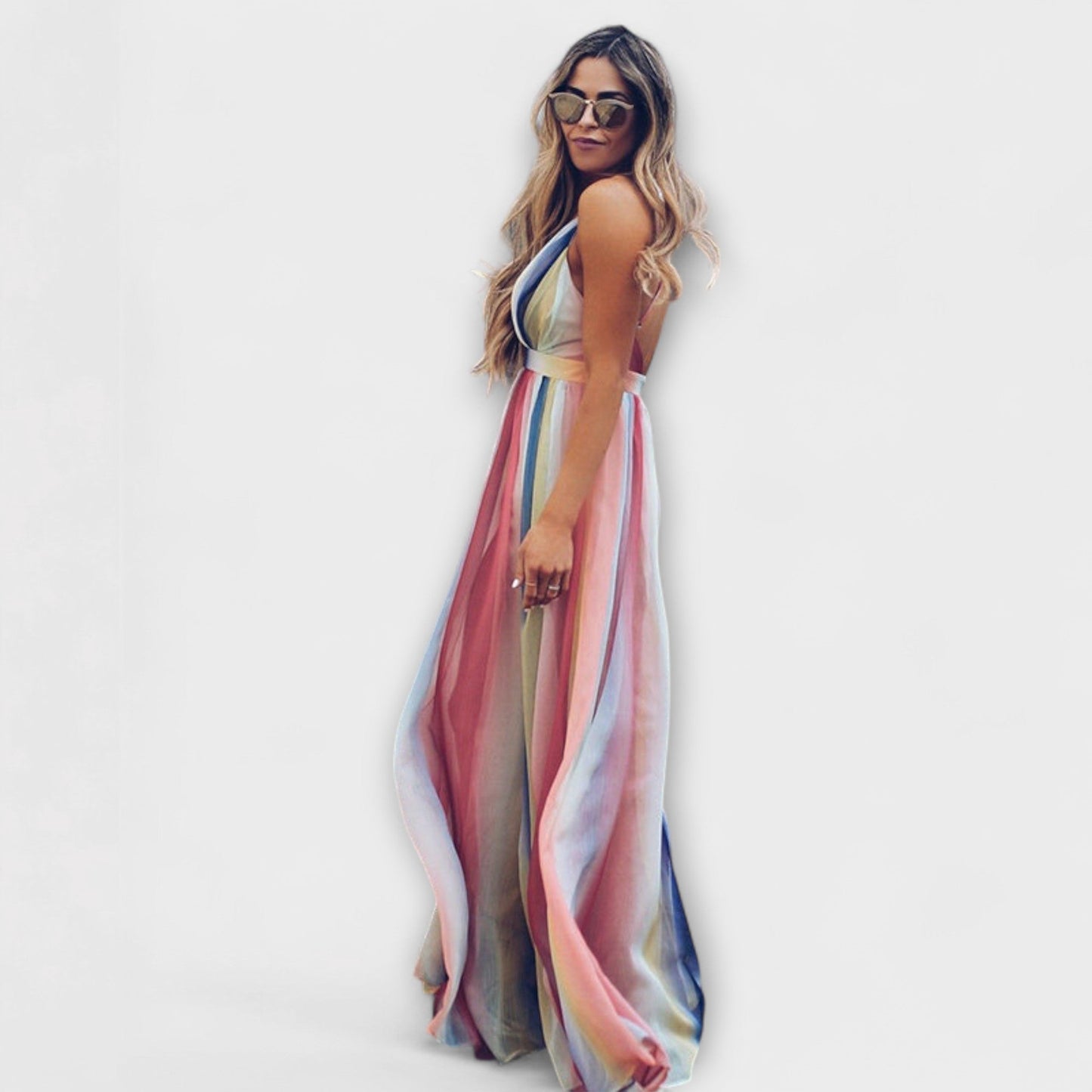 Multicolored Striped Women's Maxi Dress with V-Neck