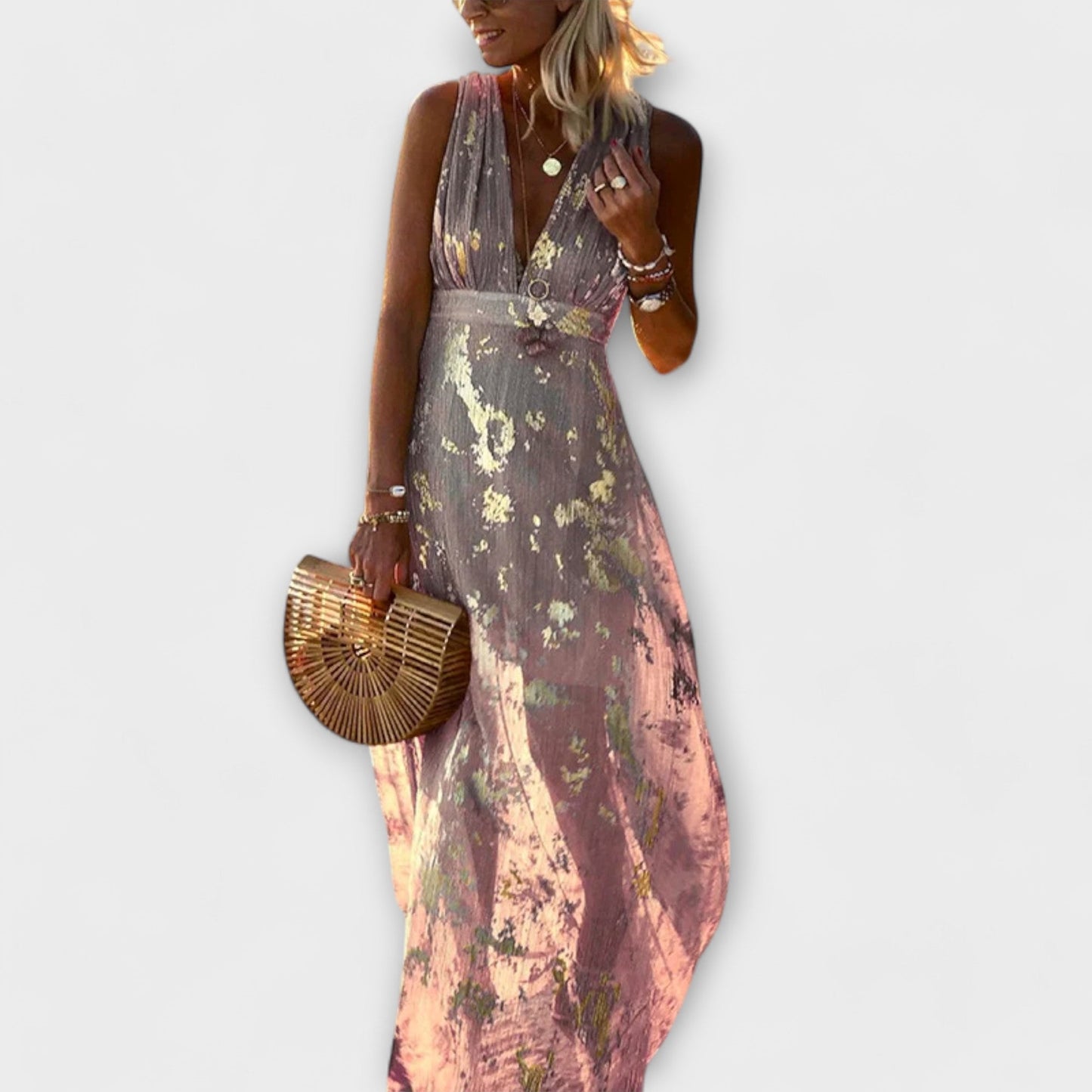 Flowing Dress with V-Neck and Sequin Details