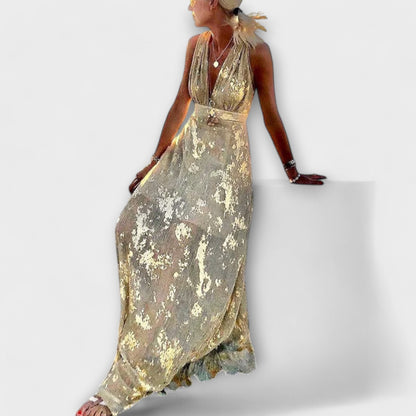 Flowing Dress with V-Neck and Sequin Details