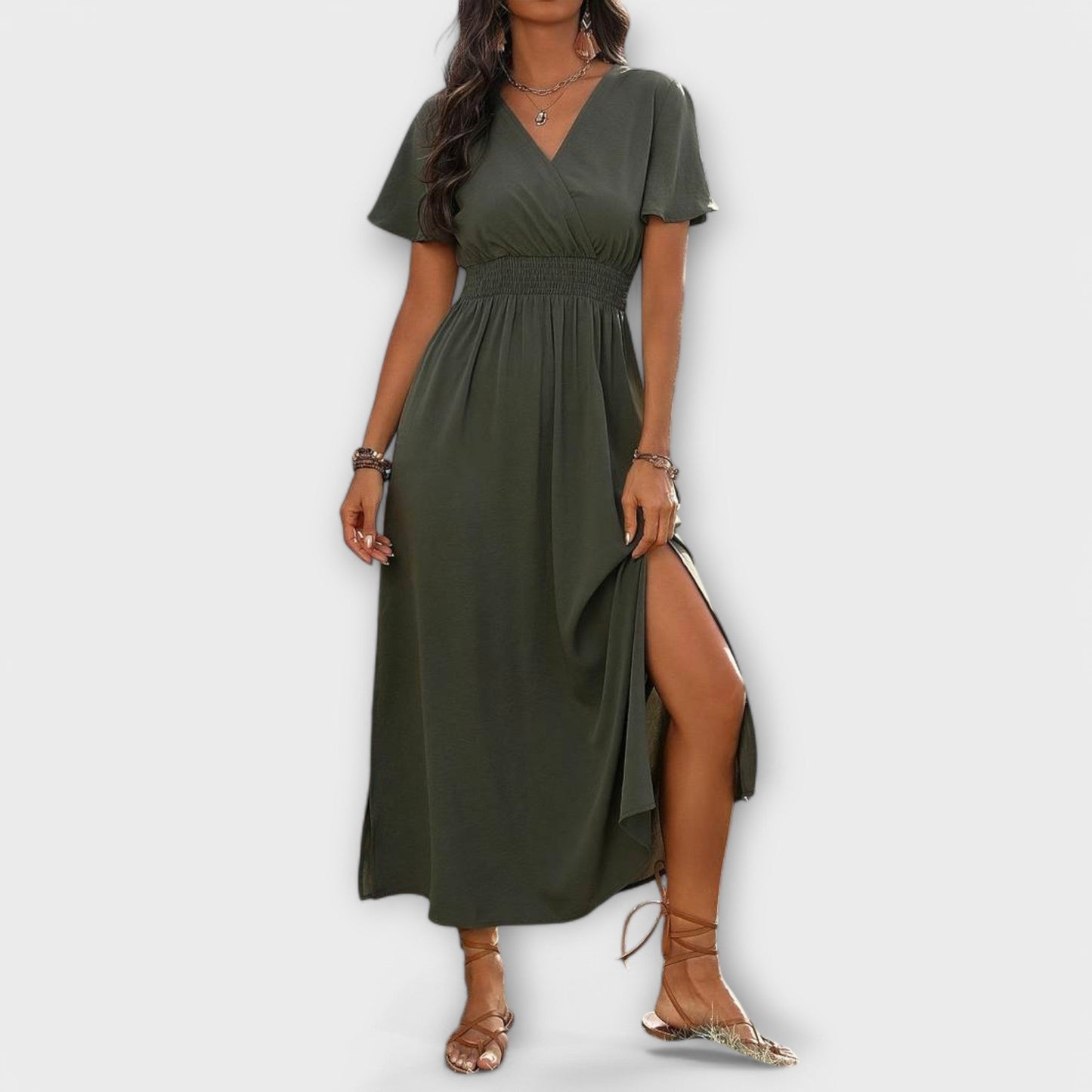 Heather - Elegant Boho Dress with V-Neck and Long Sleeves