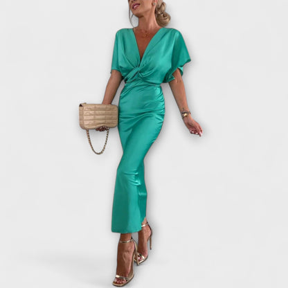 Sable - Elegant Satin V-Neck Cross Knot Slim Fit Maxi Dress