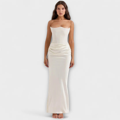 Off-Shoulder Satin Maxi Dress with Draping