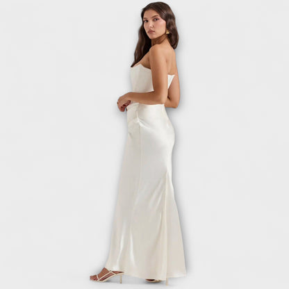 Off-Shoulder Satin Maxi Dress with Draping