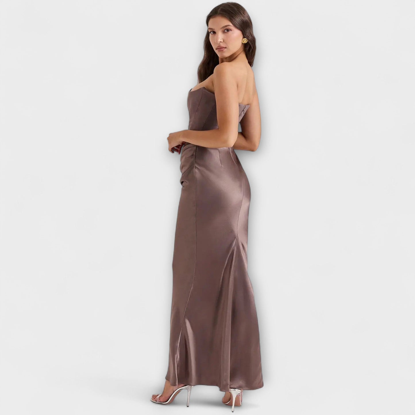 Off-Shoulder Satin Maxi Dress with Draping